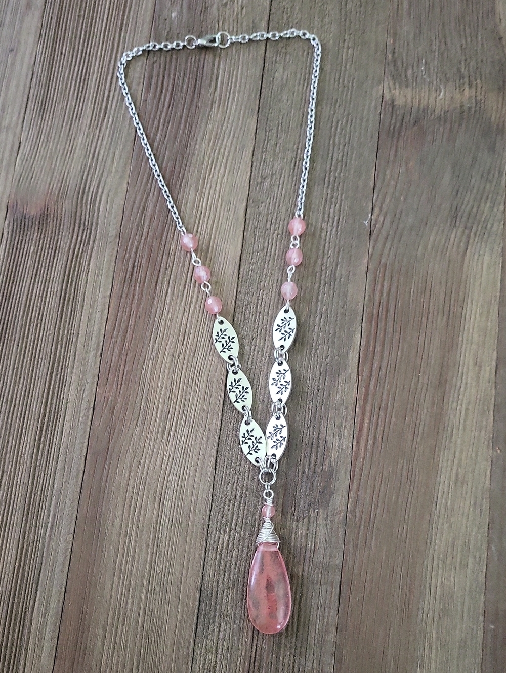 Stainless Steel Necklace with Cherry Quartz Handwoven Pendant